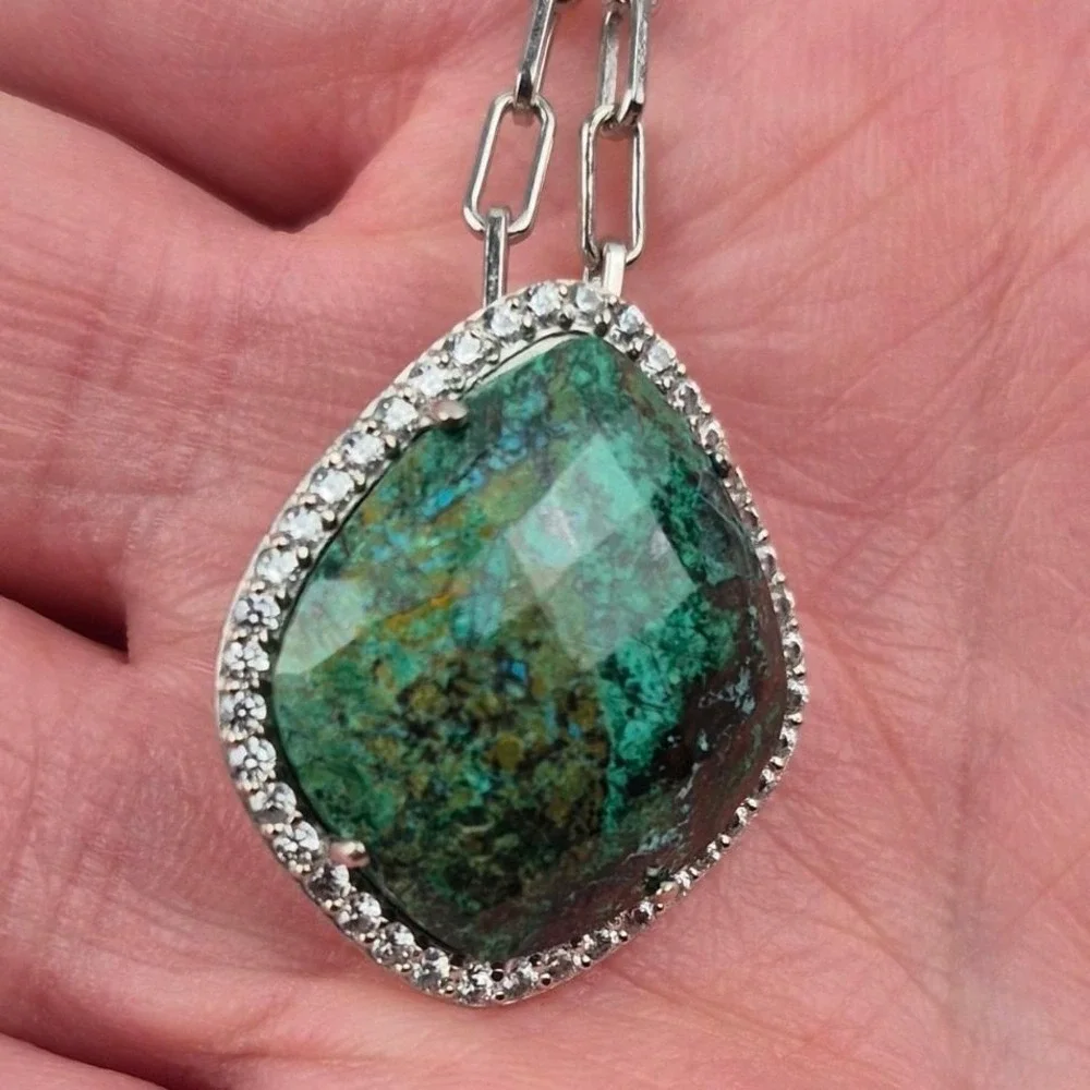 Sterling Silver Green Turquoise Pendant Necklace Removable Paper Clip 20
